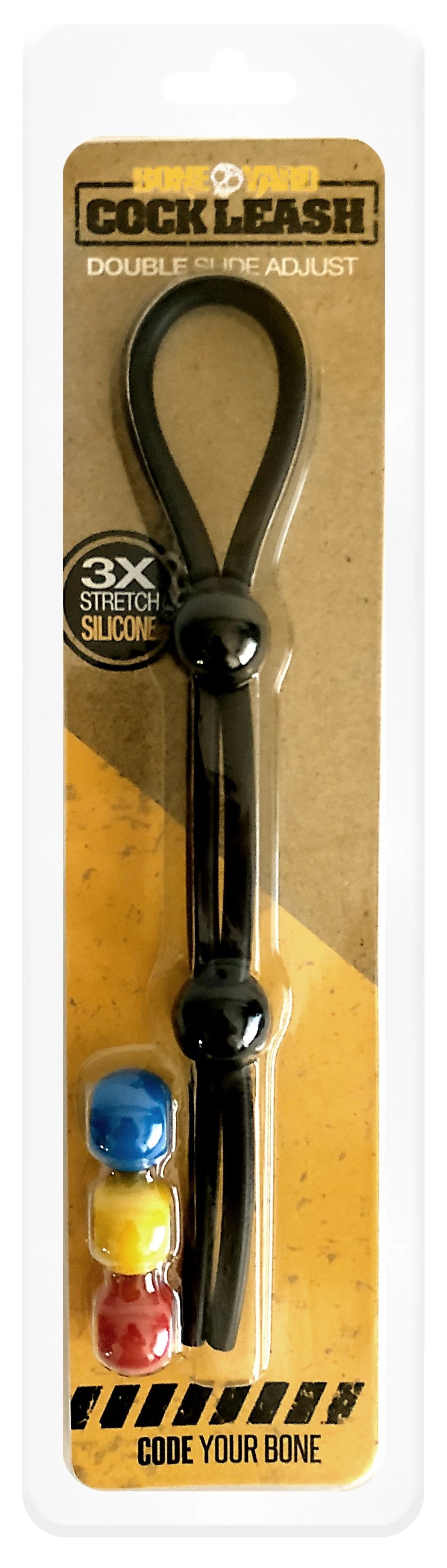 Black silicone cock leash double with adjustable double-loop design and three colorful bead charms