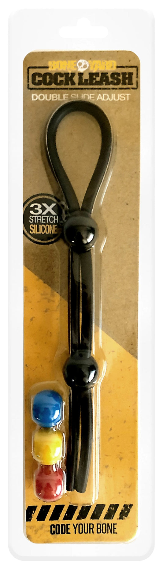 Black silicone cock leash double with adjustable double-loop design and three colorful bead charms