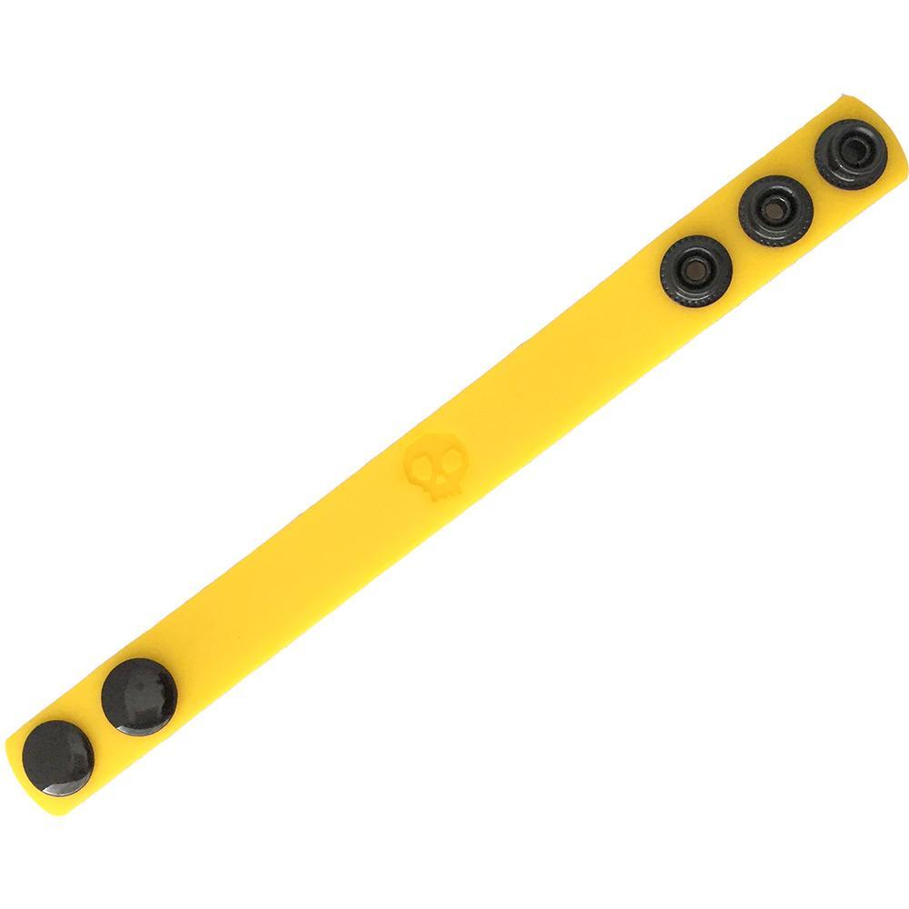 Bright yellow silicone cock strap wristband with four black snap buttons and subtle embossed logo