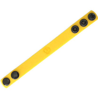 Bright yellow silicone cock strap wristband with four black snap buttons and subtle embossed logo