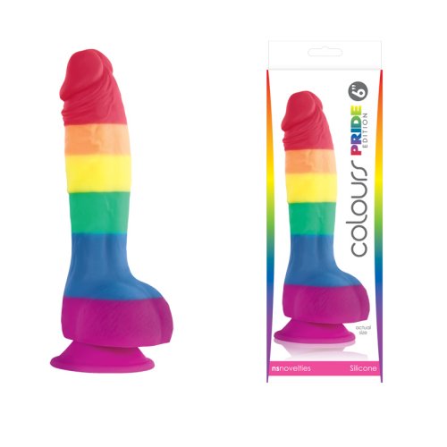 Rainbow-striped silicone dildo in branded packaging from Colours pride edition showcasing vibrant colors and smooth material