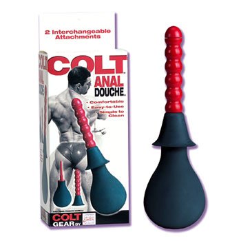 Colt anal douche in red and black plastic with a beaded handle for easy grip and cleaning use