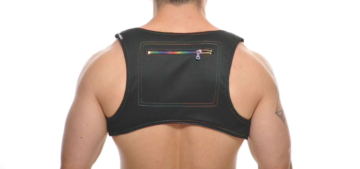 Black neoprene colt vest harness back with rainbow zipper pocket for durable support and style