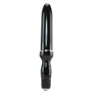 Black cylindrical novelty toy with a rounded tip, contoured handle, and silver band on a white background.
