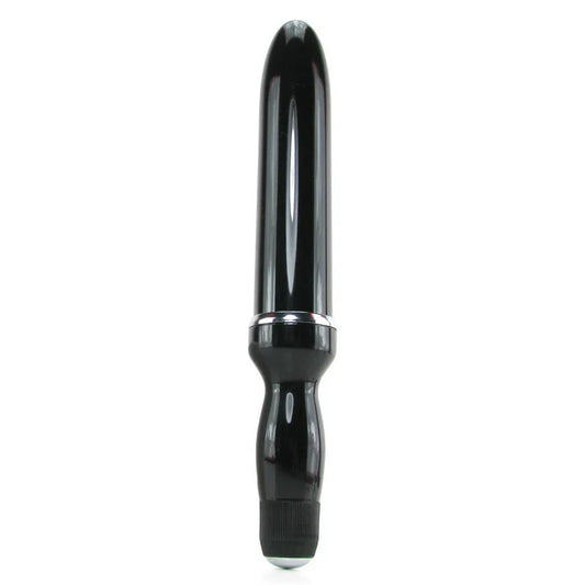 Black cylindrical novelty toy with a rounded tip, contoured handle, and silver band on a white background.