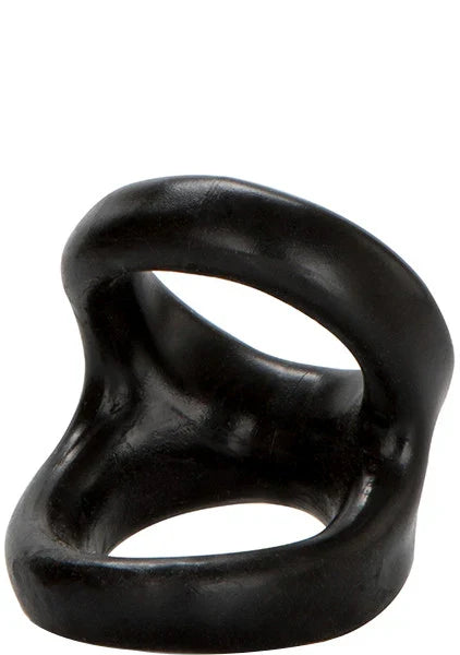 Black molded novelty device featuring two conjoined rings.