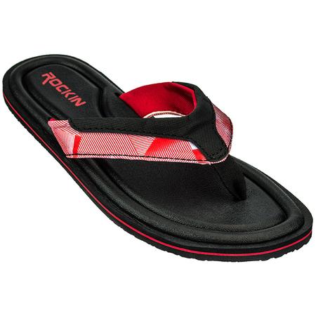 Comfort bay sandal red rockin flip-flop with black and red plaid-patterned strap for casual wear