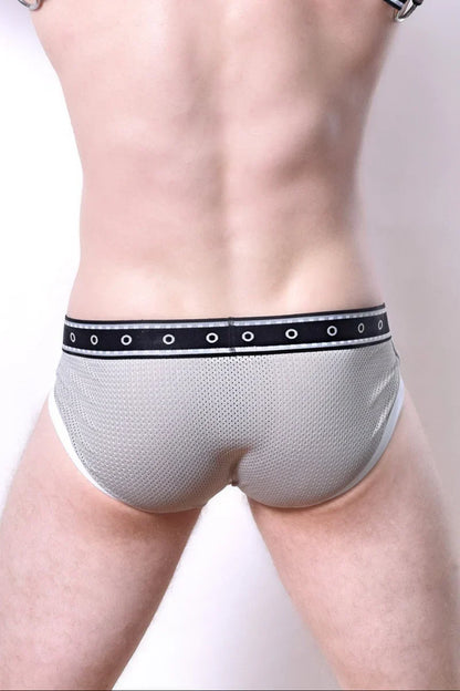 Comicaze brief gray mesh briefs with black waistband featuring white circular eyelets for breathable comfort