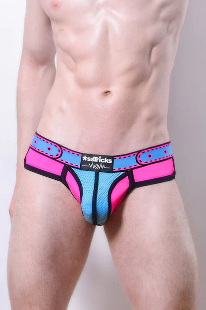 Comicaze brief bright pink and light blue mesh briefs with black trim bold graphic and sssticks logo on waistband