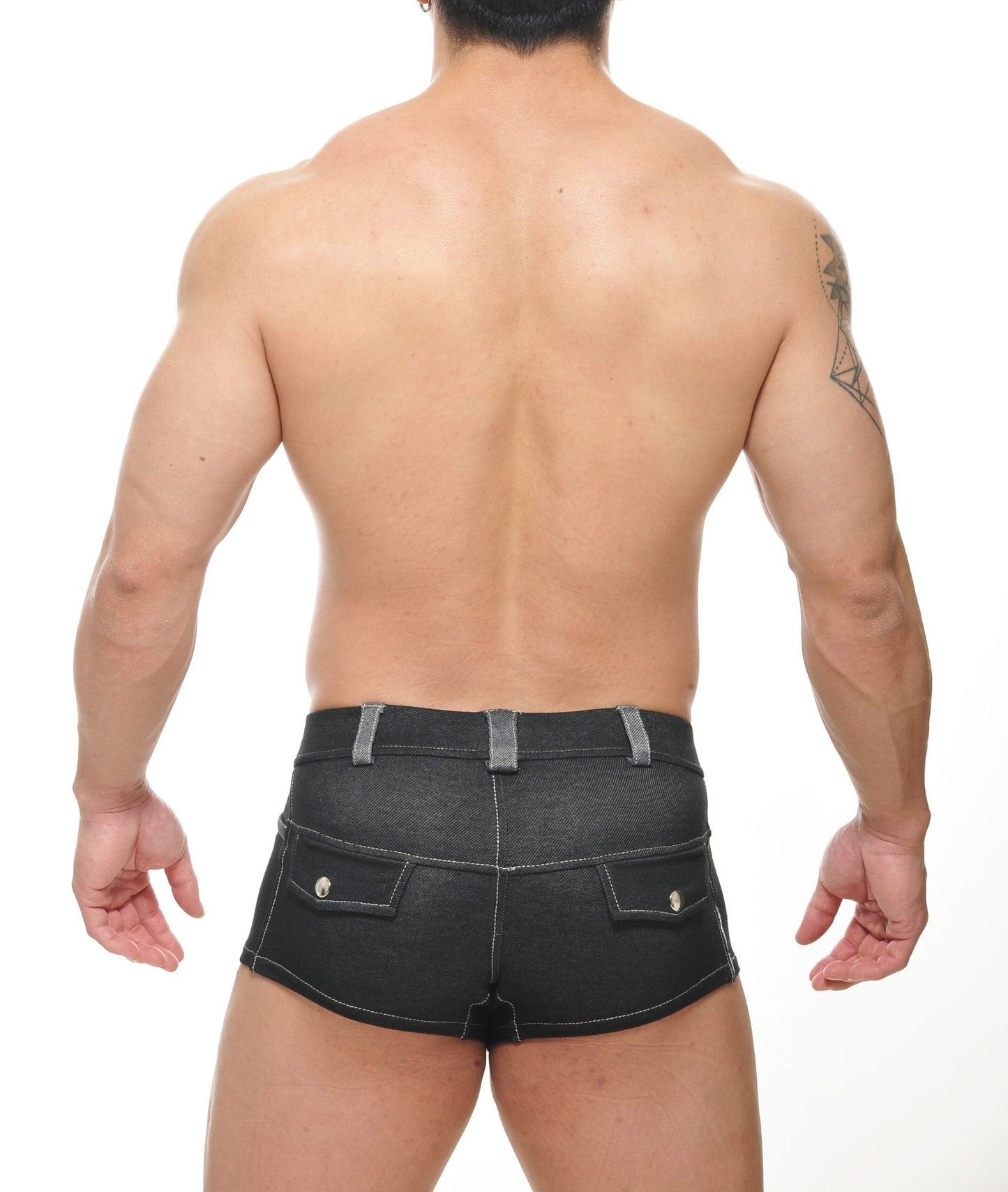 Black conner denim shorts with silver hardware and contrasting stitching in durable denim fabric