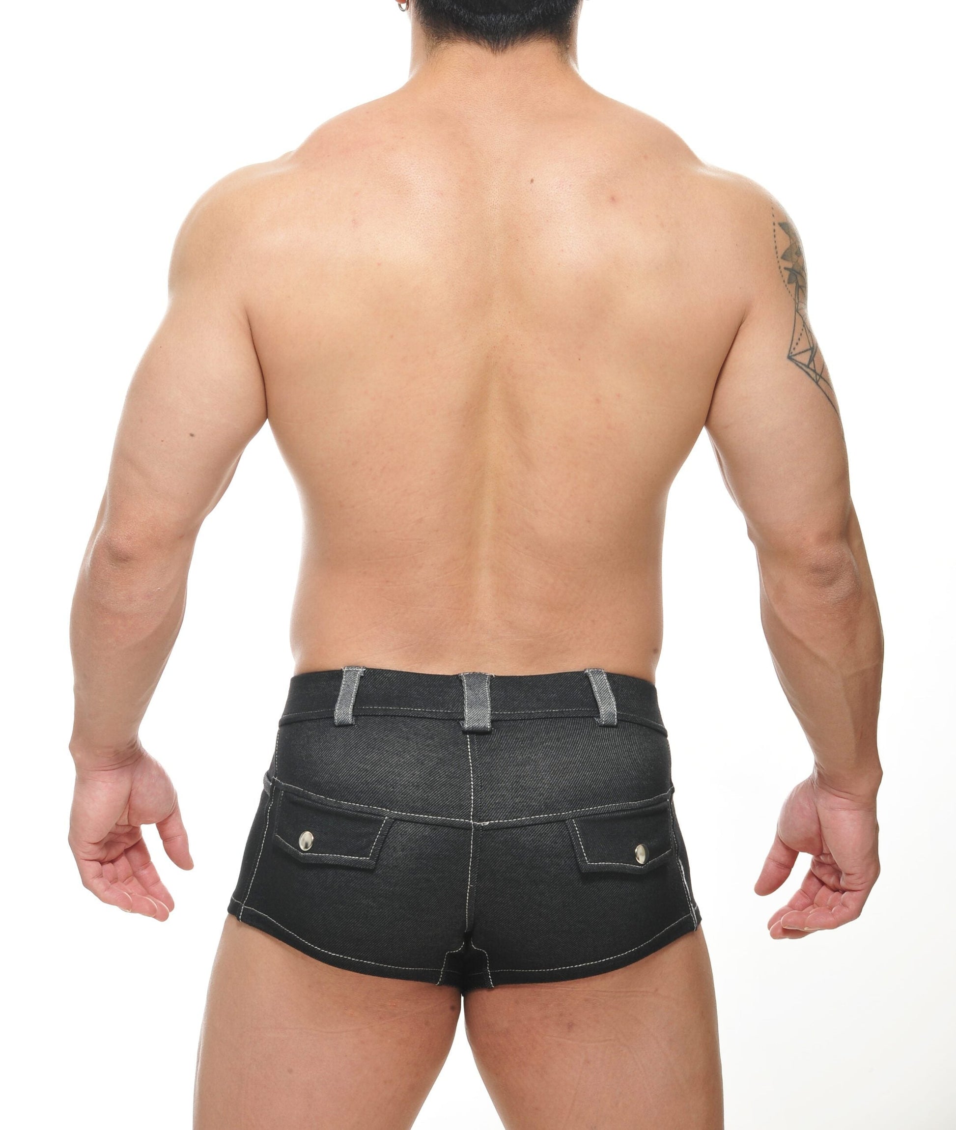 Black conner denim shorts with silver hardware and contrasting stitching in durable denim fabric