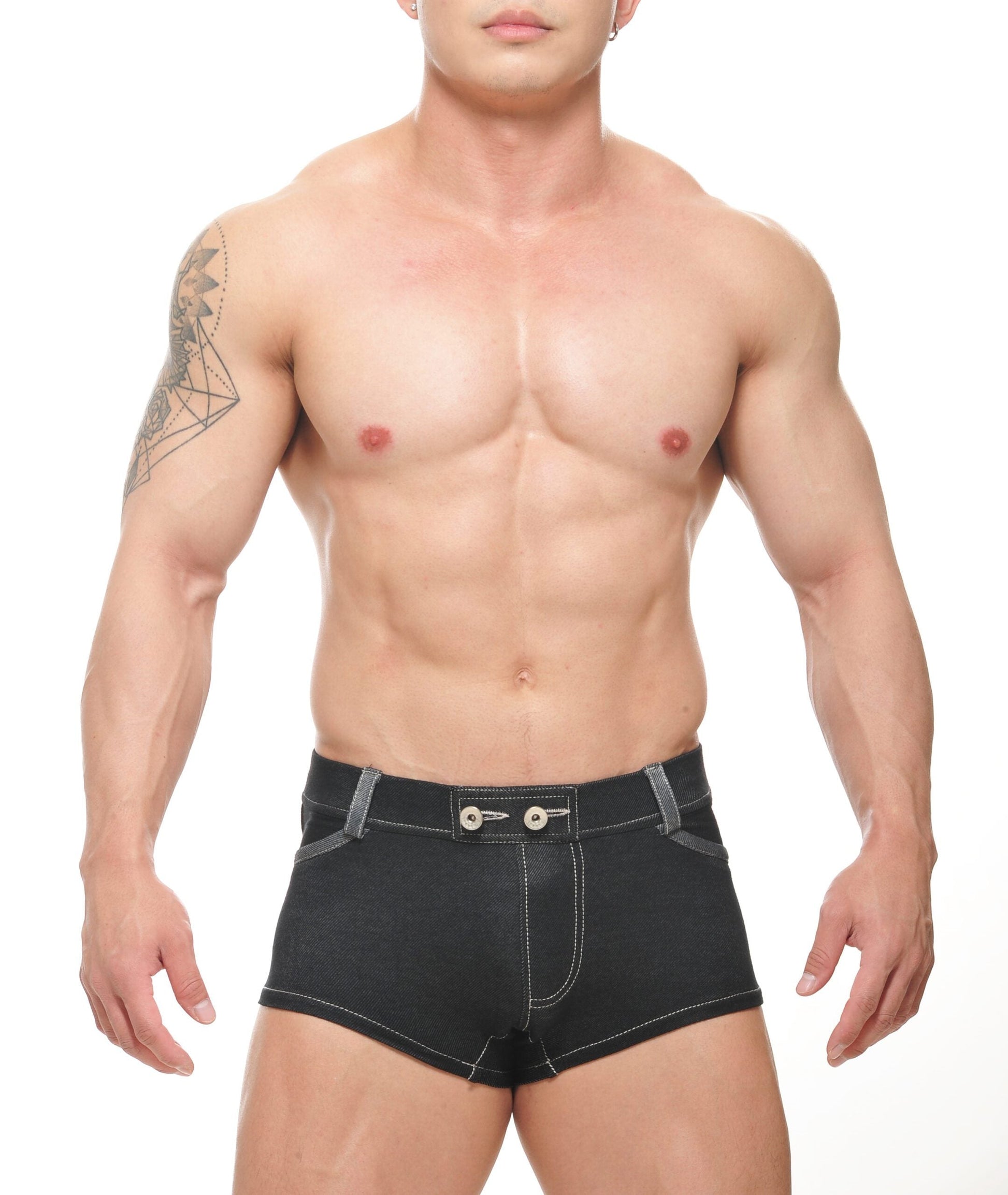 Black denim conner denim shorts with silver stitching and buttoned waistband for casual wear