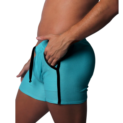 Bright blue athletic short with black side piping, textured mesh fabric, and an elastic waistband.