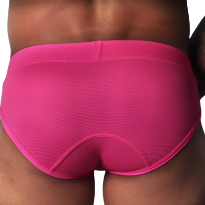 Fuchsia-colored briefs in a textured, honeycomb-patterned fabric with a contoured back seam.