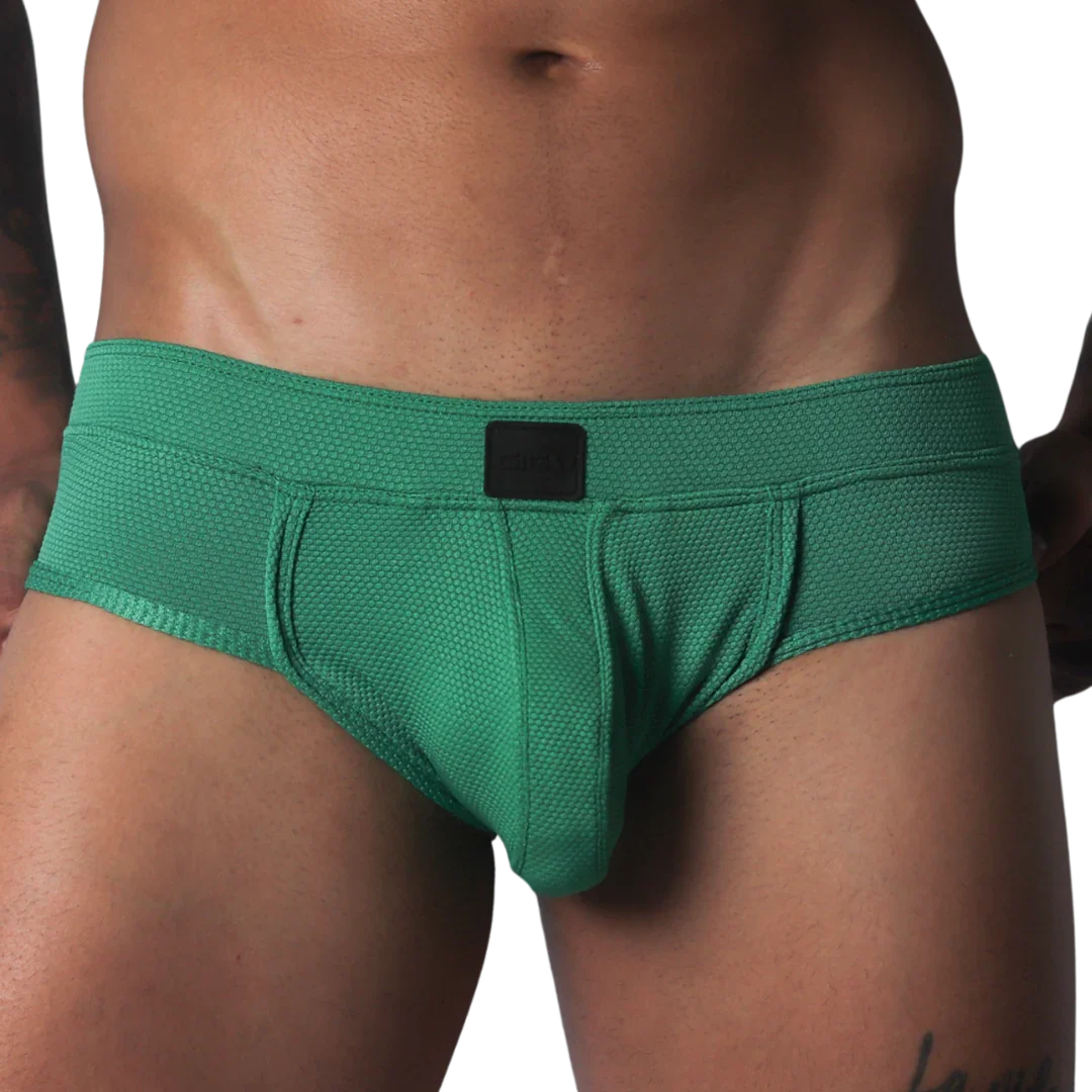 Green textured briefs with a supportive contour pouch, low-rise waistband, and small black logo patch.