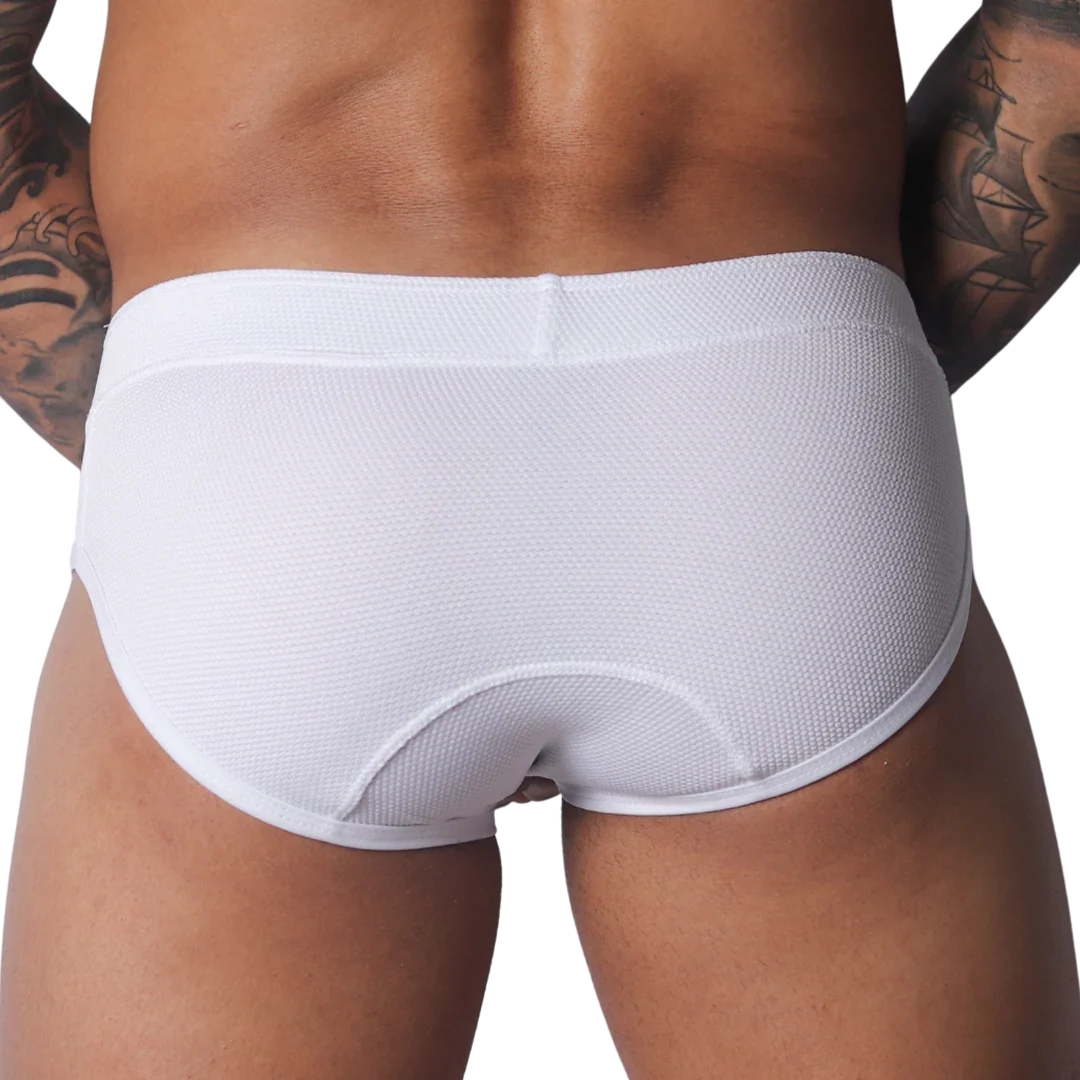 White textured mesh brief with a wide waistband and stitched rear panel detail.