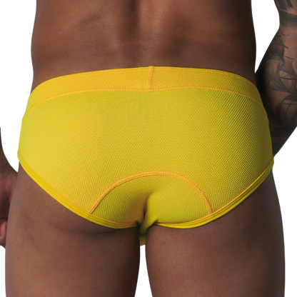 Bright yellow, textured mesh brief with curved seam detailing on the back, shown from behind.