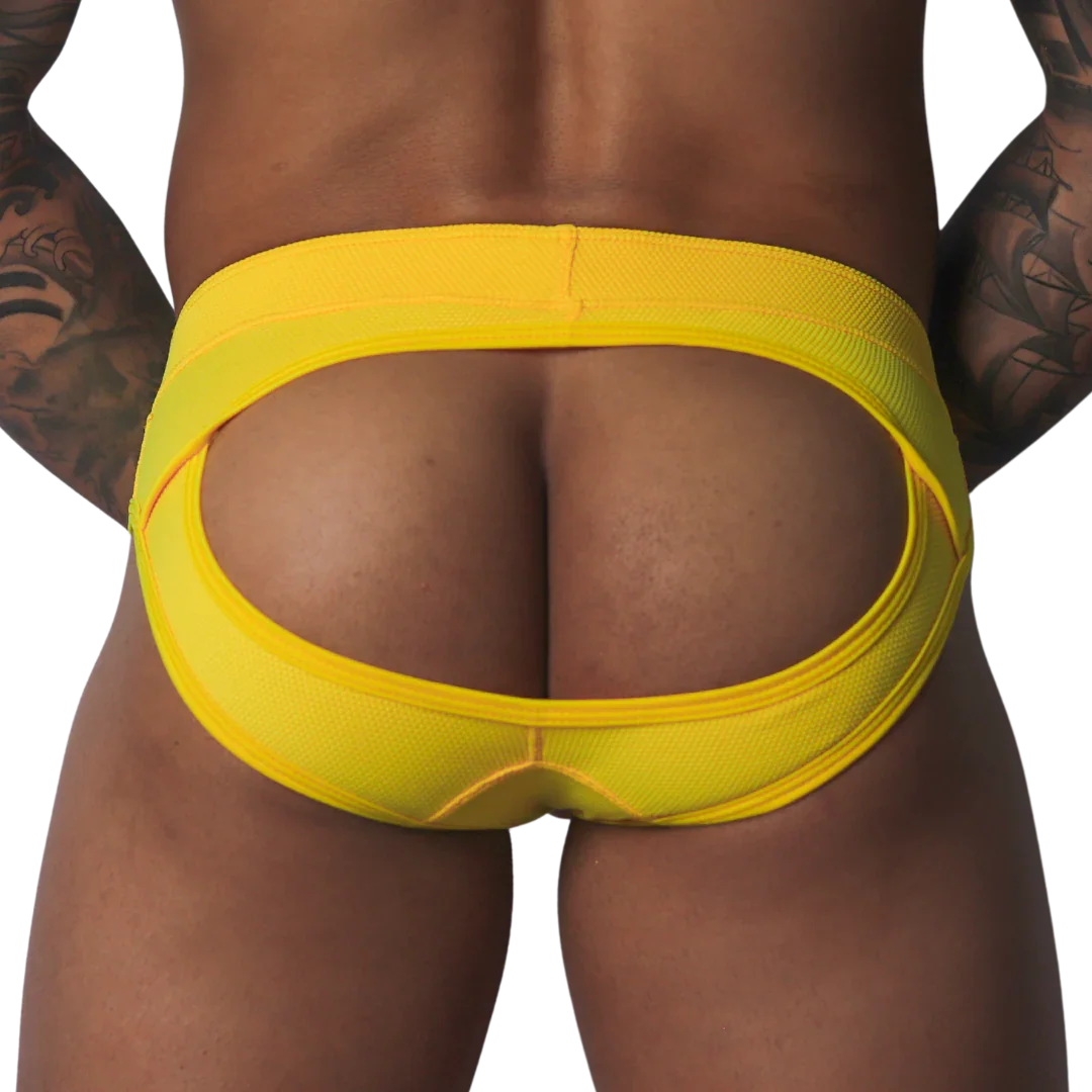 Bright yellow textured jockstrap featuring an open-back design with a thick, supportive waistband.