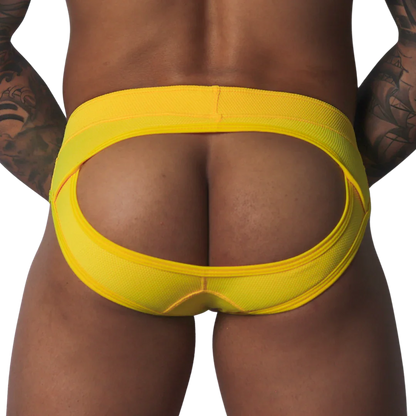 Bright yellow textured jockstrap featuring an open-back design with a thick, supportive waistband.