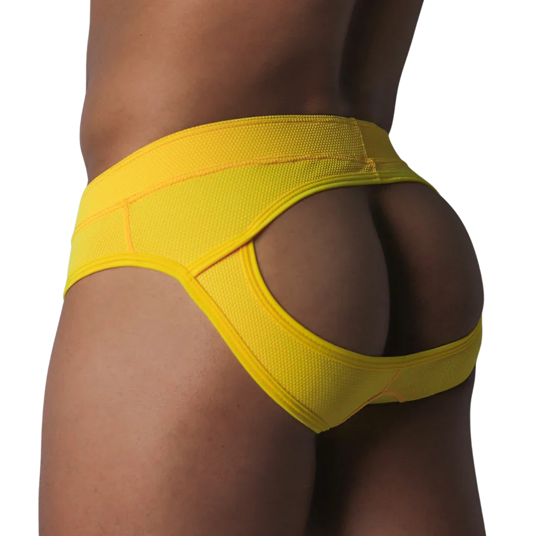 Bright yellow mesh jockstrap with a wide waistband and open-back cutout design.