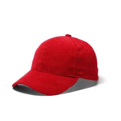 Red corduroy baseball cap with structured crown and curved brim for casual wear