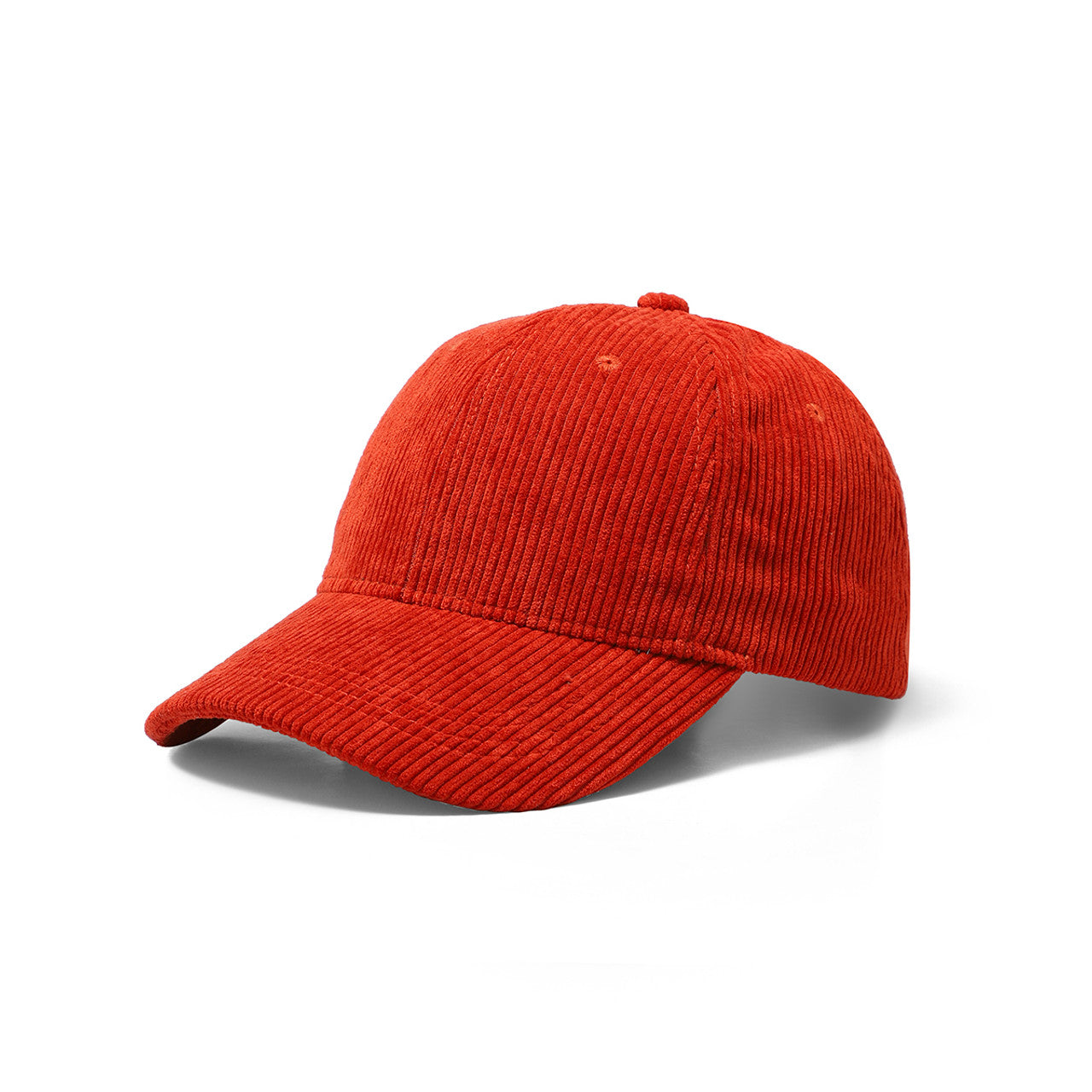 A vibrant red corduroy baseball cap with a classic six-panel design and a curved brim