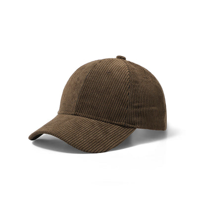 Brown corduroy baseball cap with classic six-panel design and stitched brim for casual wear