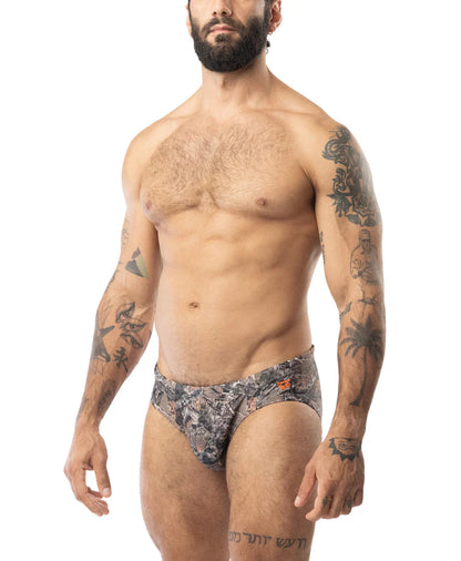 Core bikini timber swim trunks in camouflage with subtle orange accents designed for comfortable beachwear