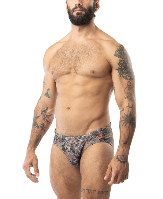 Core bikini timber swim trunks in camouflage with subtle orange accents designed for comfortable beachwear