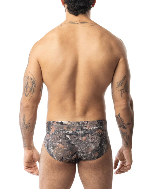 Core bikini timber camouflage patterned briefs with earthy tones and detailed foliage design front view