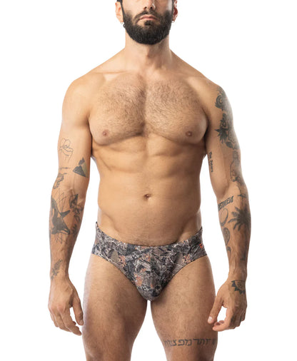 Core bikini timber black and gray camouflage briefs with snug athletic fit for active wear