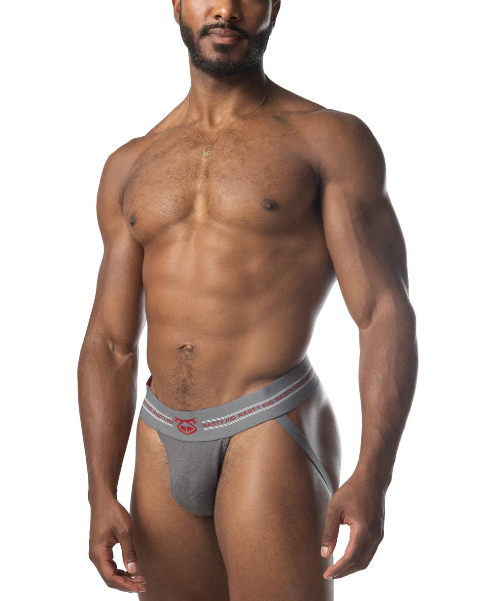 Core jockstrap 3.0 gray athletic briefs with white waistband trim and red logo for athletic support
