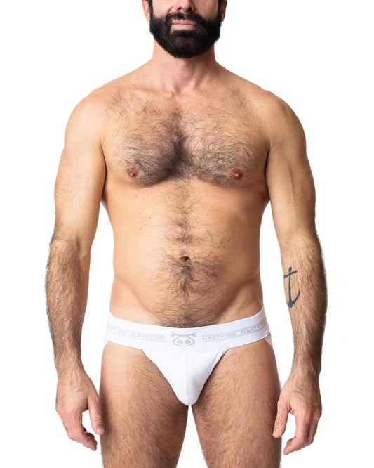 White cotton core jockstrap briefs with a subtle gray logo band for comfortable everyday wear