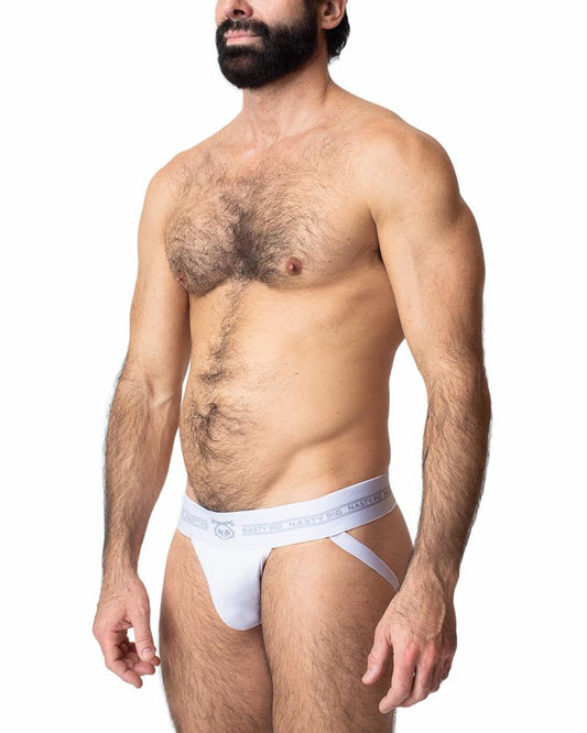 White cotton core jockstrap briefs with gray waistband featuring matty pig brand logo and text