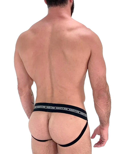 Black nasty pig core jockstrap briefs with wide elastic waistband and thin leg straps showing the back side