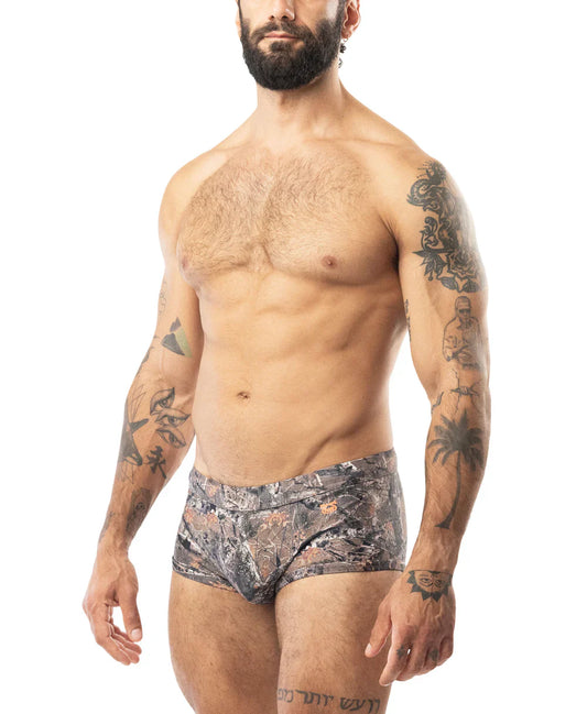 Core square cut timber camouflage men’s briefs in gray brown and black tones with a comfortable square cut design