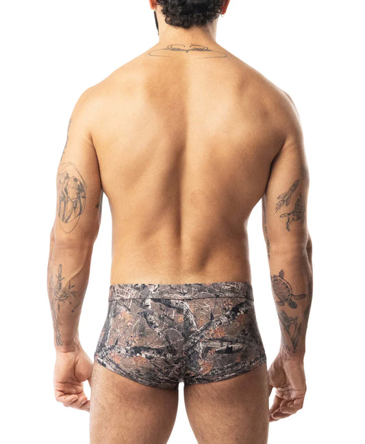 Camouflage patterned men’s briefs core square cut timber with earthy tones and subtle mesh texture visible