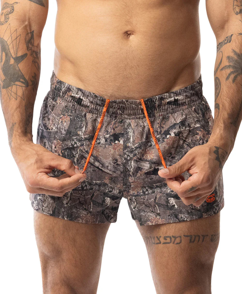 Core swim trunk timber camouflage swim trunks with bright orange drawstrings perfect for beach and poolwear
