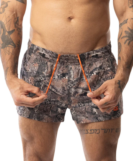 Core swim trunk timber camouflage swim trunks with bright orange drawstrings perfect for beach and poolwear