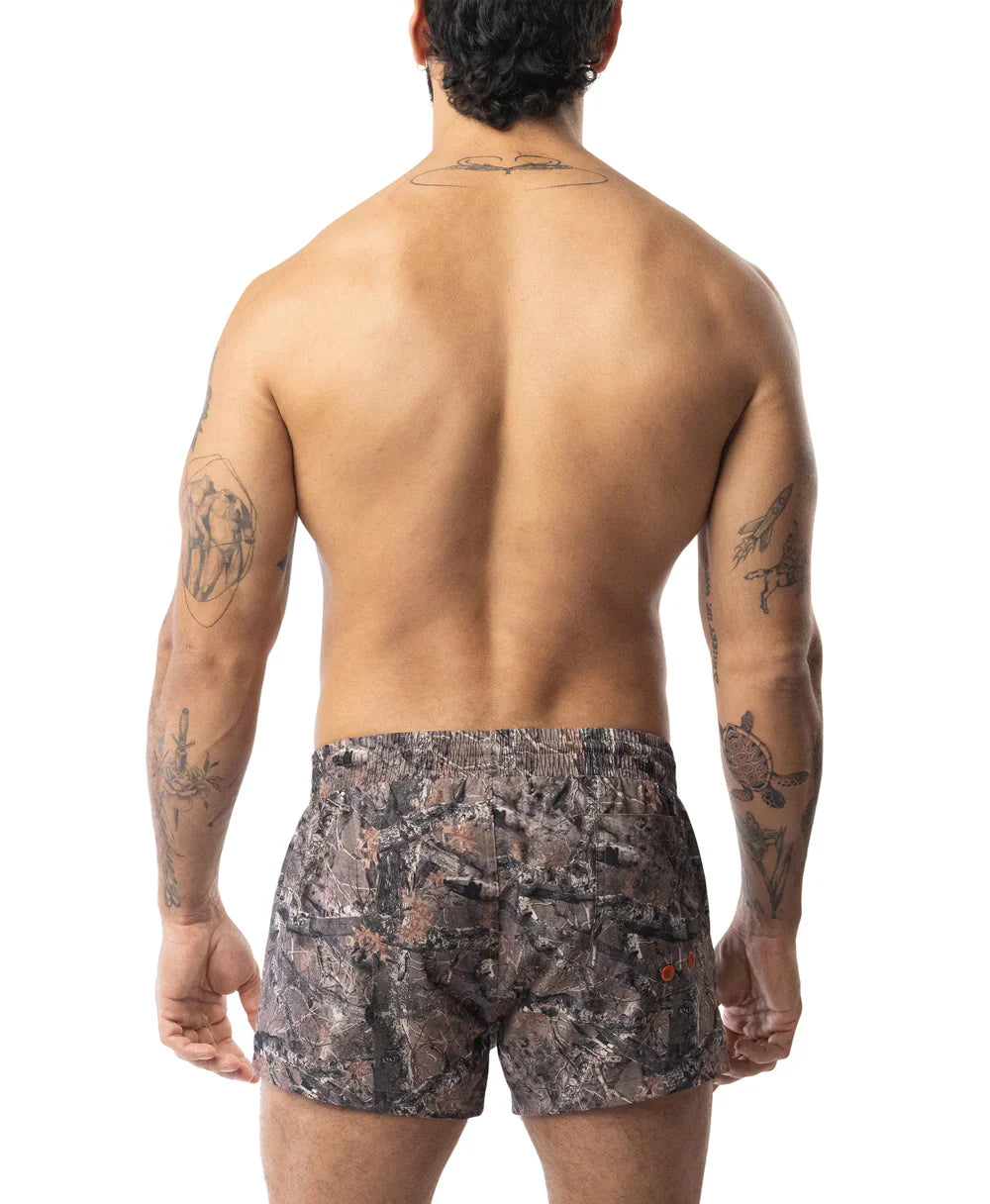 Men’s core swim trunk timber with camouflage pattern in dark gray brown and muted green for outdoor use