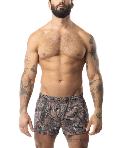 Men’s core swim trunk timber with camouflage pattern in earthy tones and subtle orange accents for swimwear use