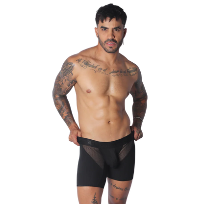 Black trunk underwear featuring a solid fabric body with sheer mesh side panels and a wide elastic waistband.