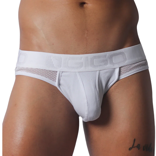 White ribbed jockstrap with breathable mesh side panels and a wide elastic waistband featuring the Gigo logo.