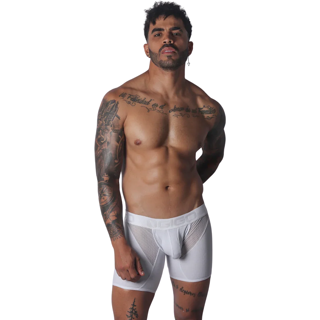 White Gigo trunk featuring a breathable mesh panel design and an elastic waistband with debossed logo branding.