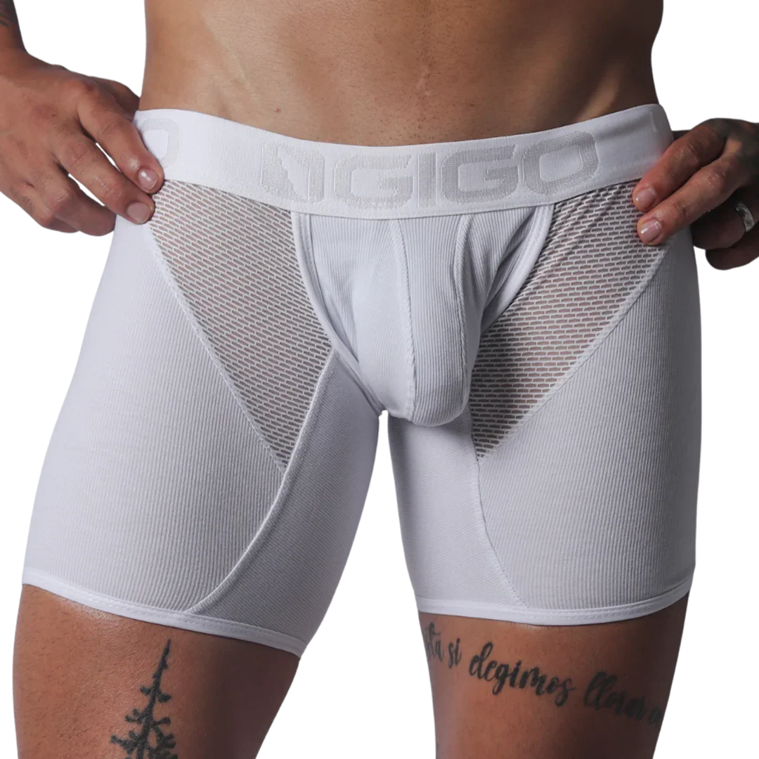 White Gigo trunk in ribbed material with sheer mesh side panels and a branded elastic waistband.