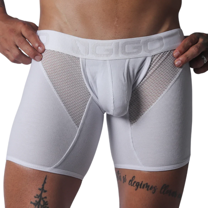 White Gigo trunk in ribbed material with sheer mesh side panels and a branded elastic waistband.