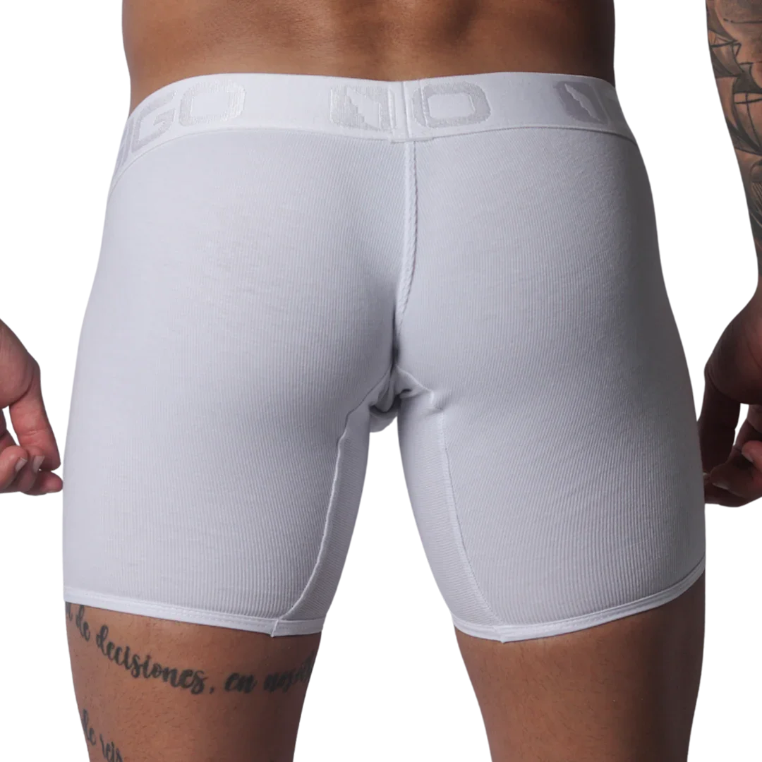 White ribbed cotton boxer trunk with a branded elastic waistband and centered back seam.