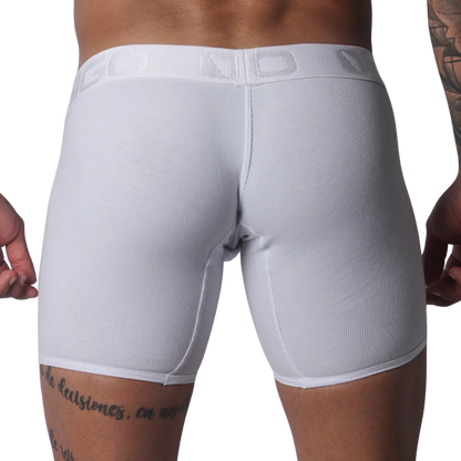White ribbed cotton boxer trunk with a branded elastic waistband and centered back seam.