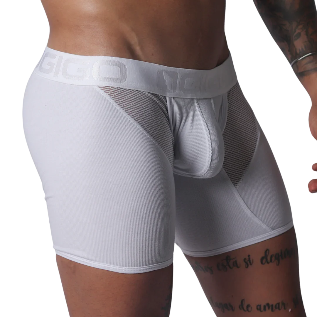 White ribbed trunks with mesh side panels and a wide elastic waistband featuring the GIGO logo.
