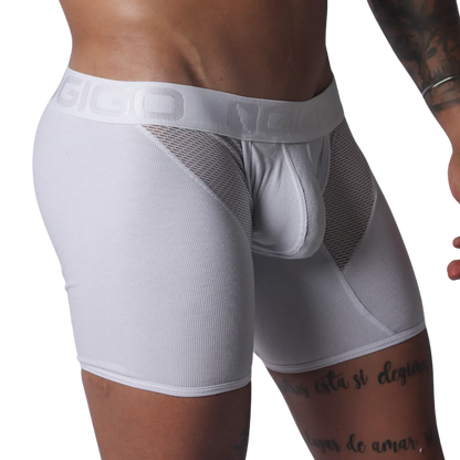 White ribbed trunks with mesh side panels and a wide elastic waistband featuring the GIGO logo.